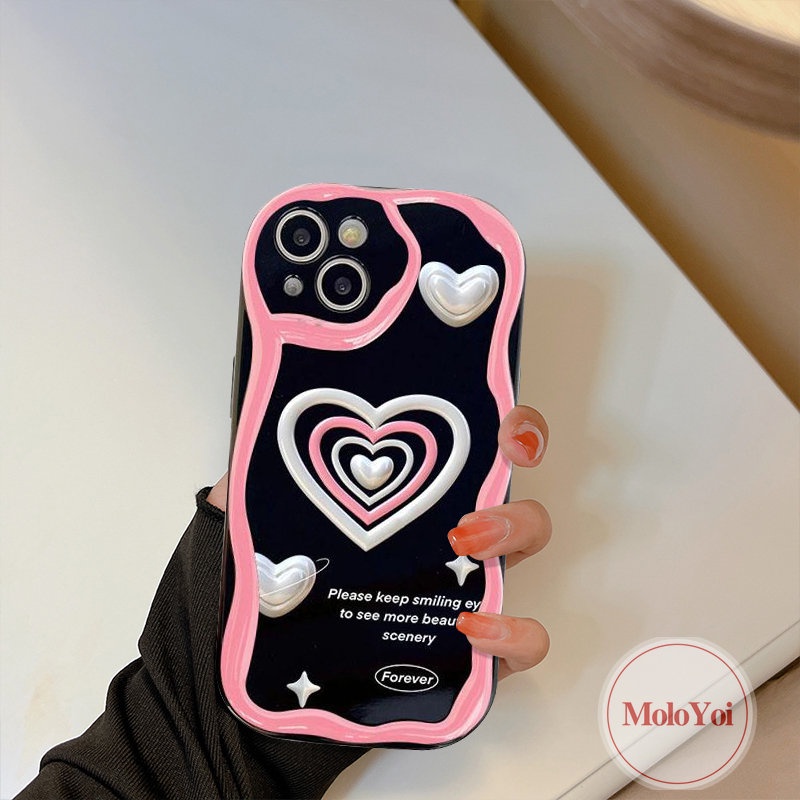 IPHONE Casing Ponsel Kompatibel Untuk Iphone11 12 13 14 Pro Max XR 7Plus 8Plus X 7 8 6s 6 Plus XS Max SE 2020 INS Pink Love Heart Leopard 3D Wavy Curved Edge Glossy Shockproof Soft Tpu Cover