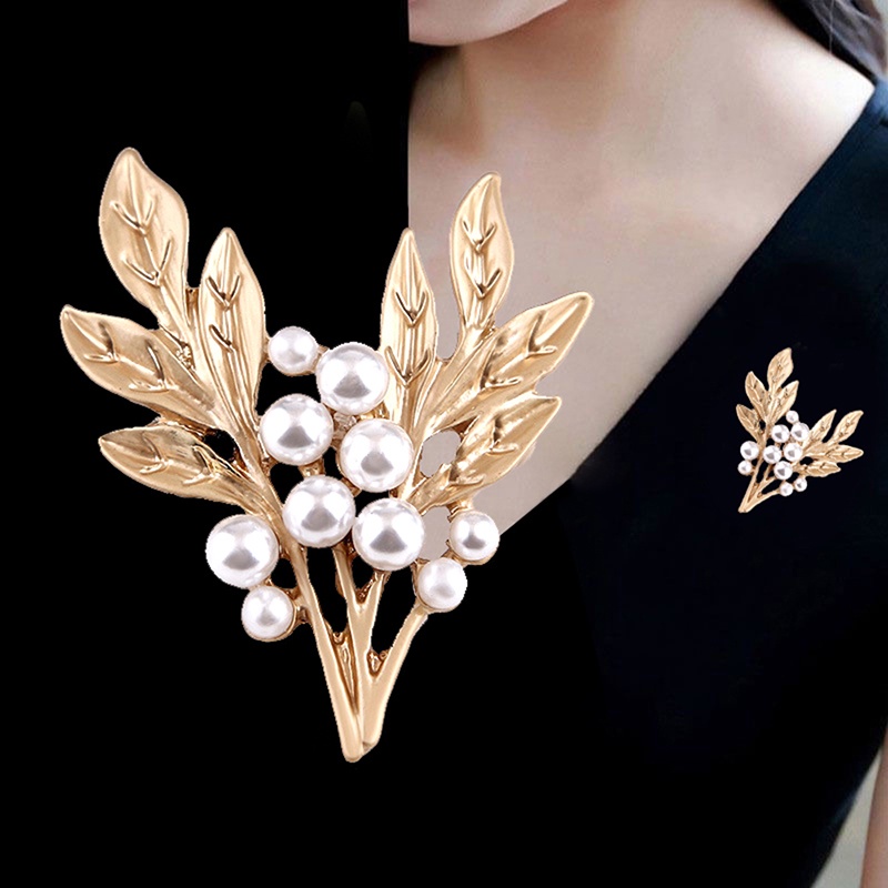 {rippleflower4.id} Fashion Mutiara Sederhana Daun Bros Pin Wanita Perhiasan Pernikahan Perjamuan Bros~