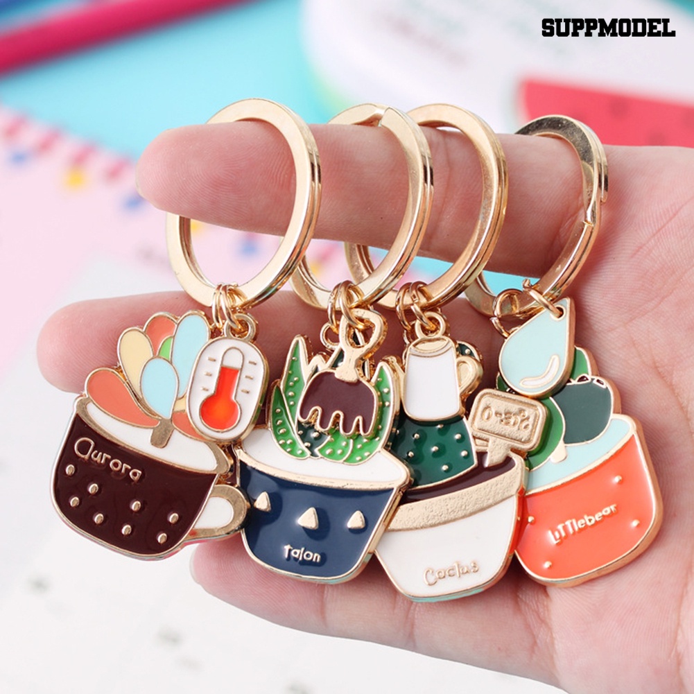 [SM Auto] Enamel Kaktus Gantungan Kunci Wanita Sukulen Pot Tempat Kunci Mobil Ring Tas Ornamen