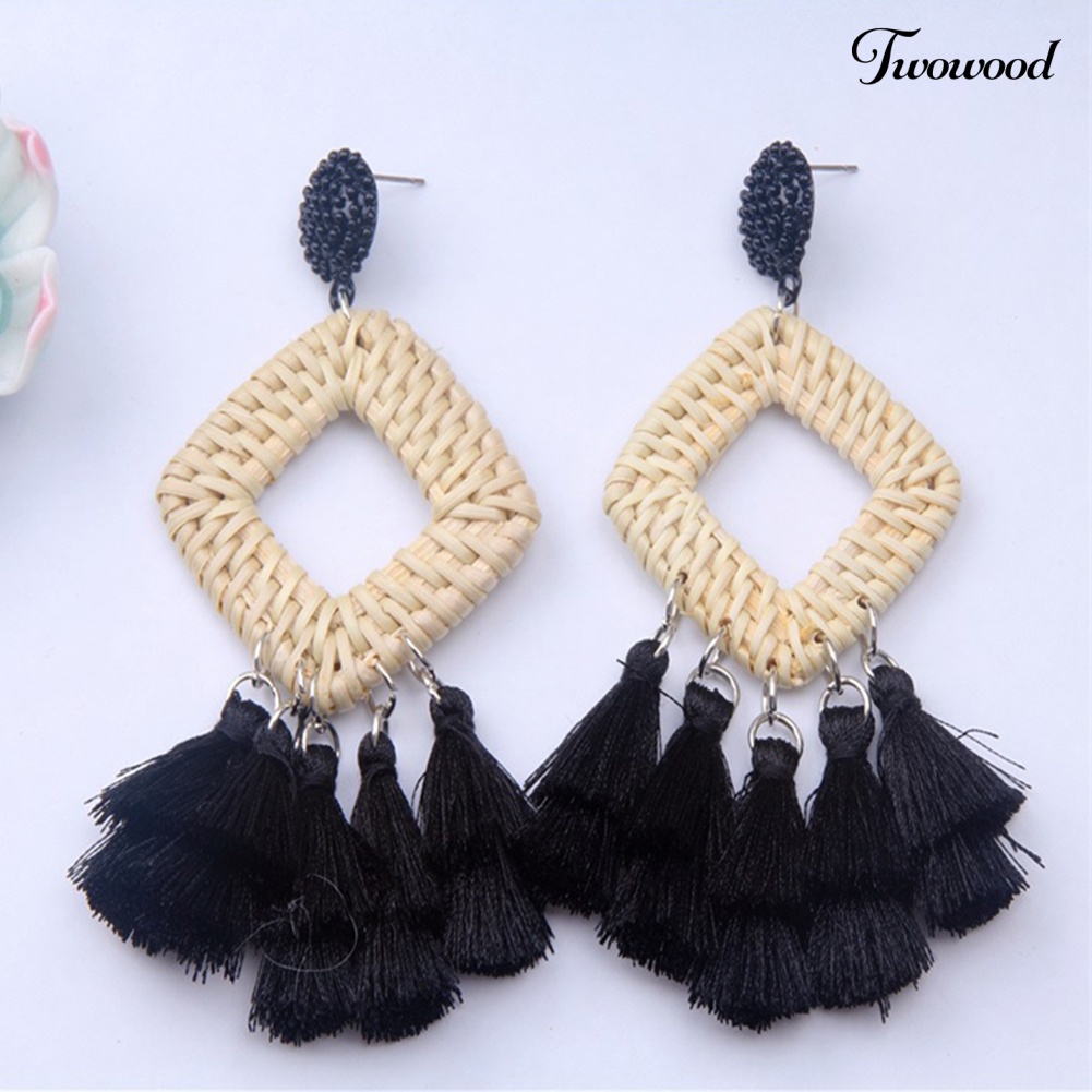 Twowood Boho Wanita Berongga Belah Ketupat Anyaman Rotan Rumbai Statement Menjuntai Stud Earrings