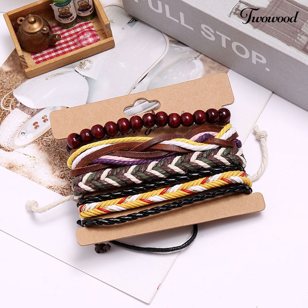 Twowood 4Pcs Pria Kulit Imitasi Adjustable Braided Rope Bangle Gelang Pergelangan Tangan Perhiasan