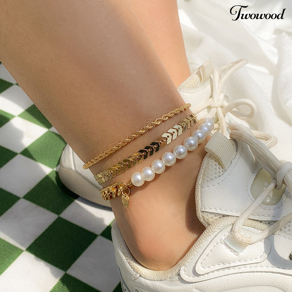 Twowood 3Pcs Wanita Gelang Kaki Twist Rantai Mutiara Imitasi Perhiasan Vintage Multilayer Anklets Footwear