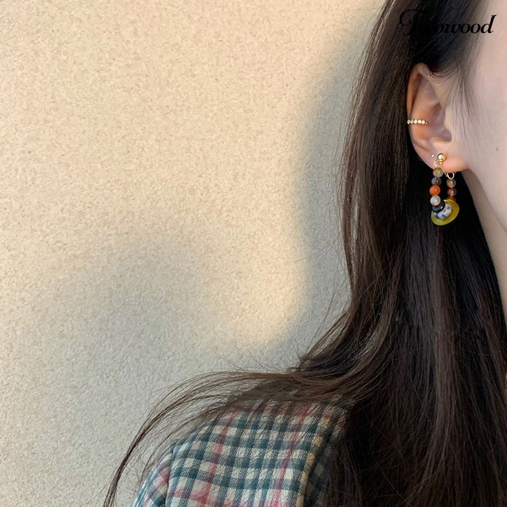 Twowood 1pasang Ear Studs Vintage Gaya Etnik Manik-Manik Berwarna Electroplating Glossy Dress Up Hypoallergenic Alloy Hoop Stud Menjuntai Anting Fashion Perhiasan