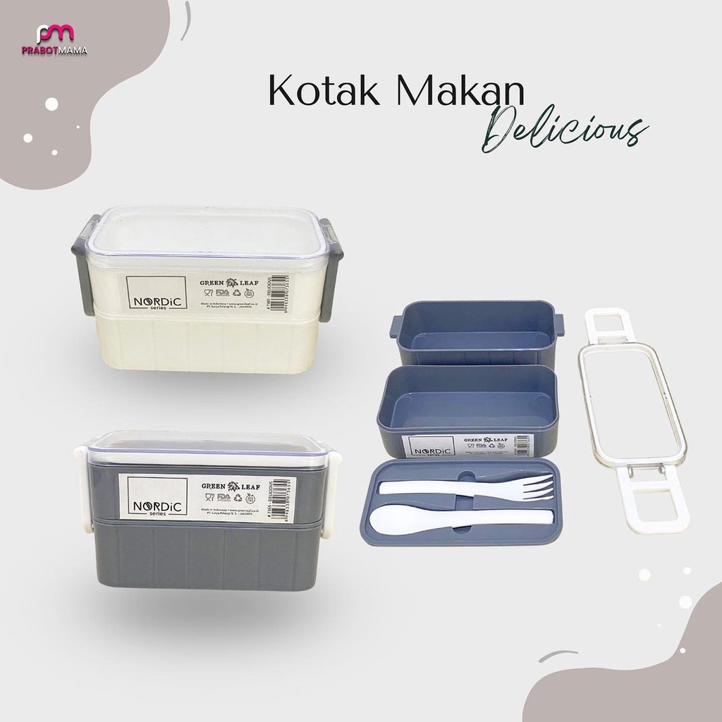 Tempat Makan Tingkat Susun 2 Putih Abu - Delicious / Lunch Box Kotak Bekal Anak Sekolah Kerja Aesthetic