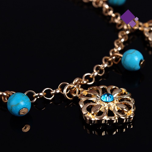 &lt; Naiveblues &gt; Gelang Kaki Rantai Kaki Boho Double Layers Rhinestone Flower Turquoise