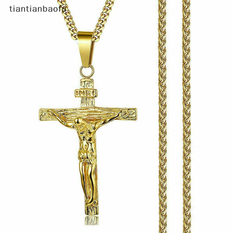 [tiantianbaofu] Pria Perak Stainless Steel Yesus Kristus Salib Salib Liontin Kalung Rantai Butik