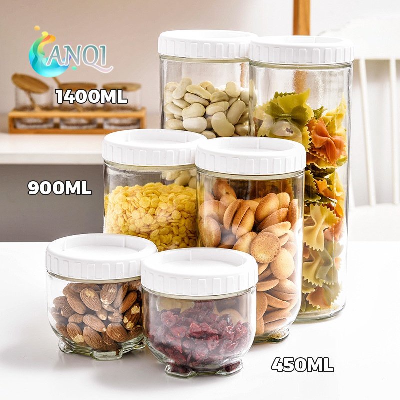 ANQI SHOP  4 IN 1 TOPLES KACA SET CANISTER - Toples Kaca Tutup Bamboo Kotak Toples Bumbu Toples Maka