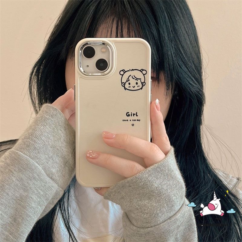 IPHONE Kartun Pasangan Case Kompatibel Untuk Iphone11 13 14 12 Pro Max7 8 Plus X XR XS MAX 7plus 8plus Pasangan Lucu Cowok Cewek Mewah Plating Bingkai Lensa Logam Lembut Penutup Belakang