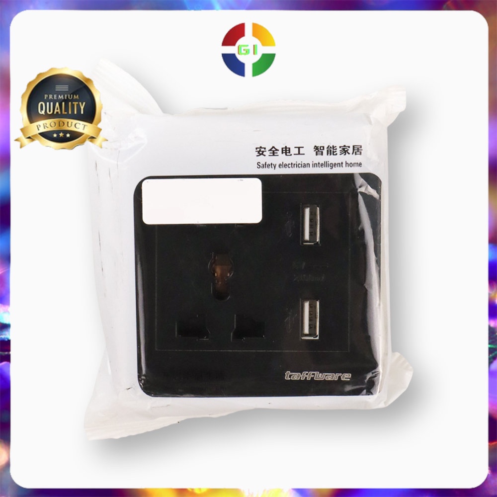 Stop Kontak Universal Wall Socket UK EU US &amp;amp; 2 Port USB 2.1A Black