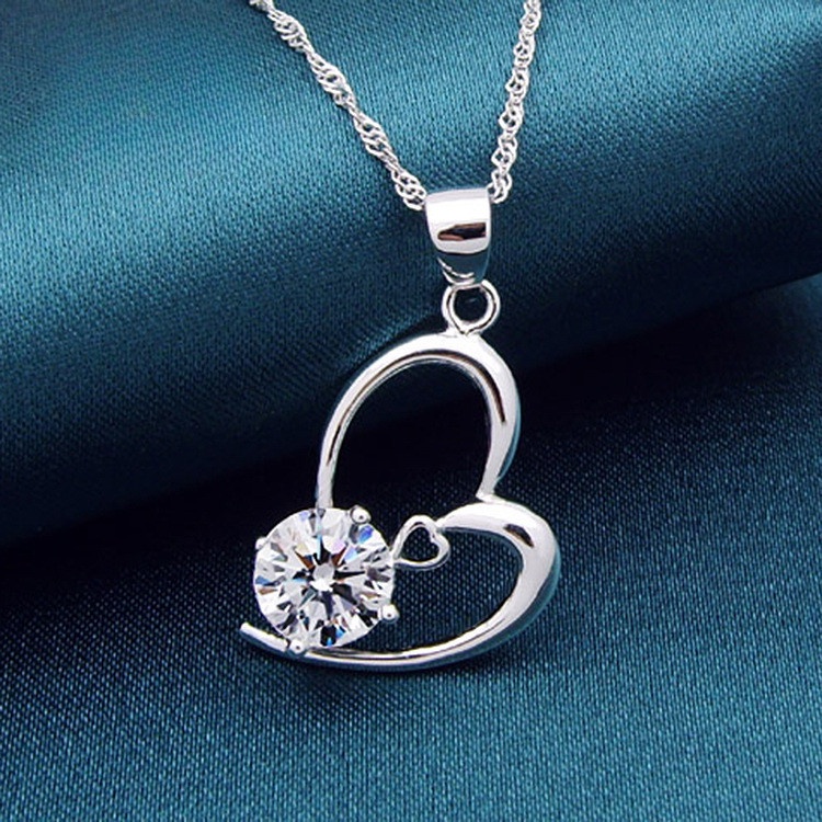 Goldkingdom Fashion Perhiasan Aksesoris Ready Stock Perak Disepuh Kalung Wanita Pendek Cinta Hati Liontin Kristal