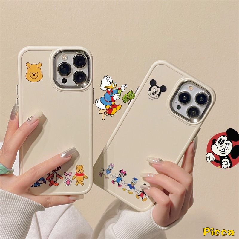 Caroon Disney Mickey Minnie Mouse Case Kompatibel Untuk IPhone 14 11 12 13 Pro MAX X XR 7 8 Plus XS MAX Lucu Winnie The Pooh Bear Pasangan Mewah Plating Bingkai Lensa Metal Soft Cover