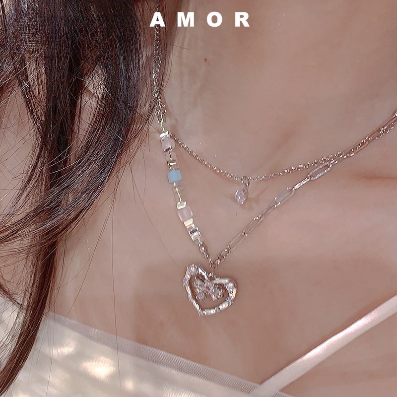 Rantai love bow neck Double layered Pasangan Dengan Kalung Manik-Manik Warna Warni2023New