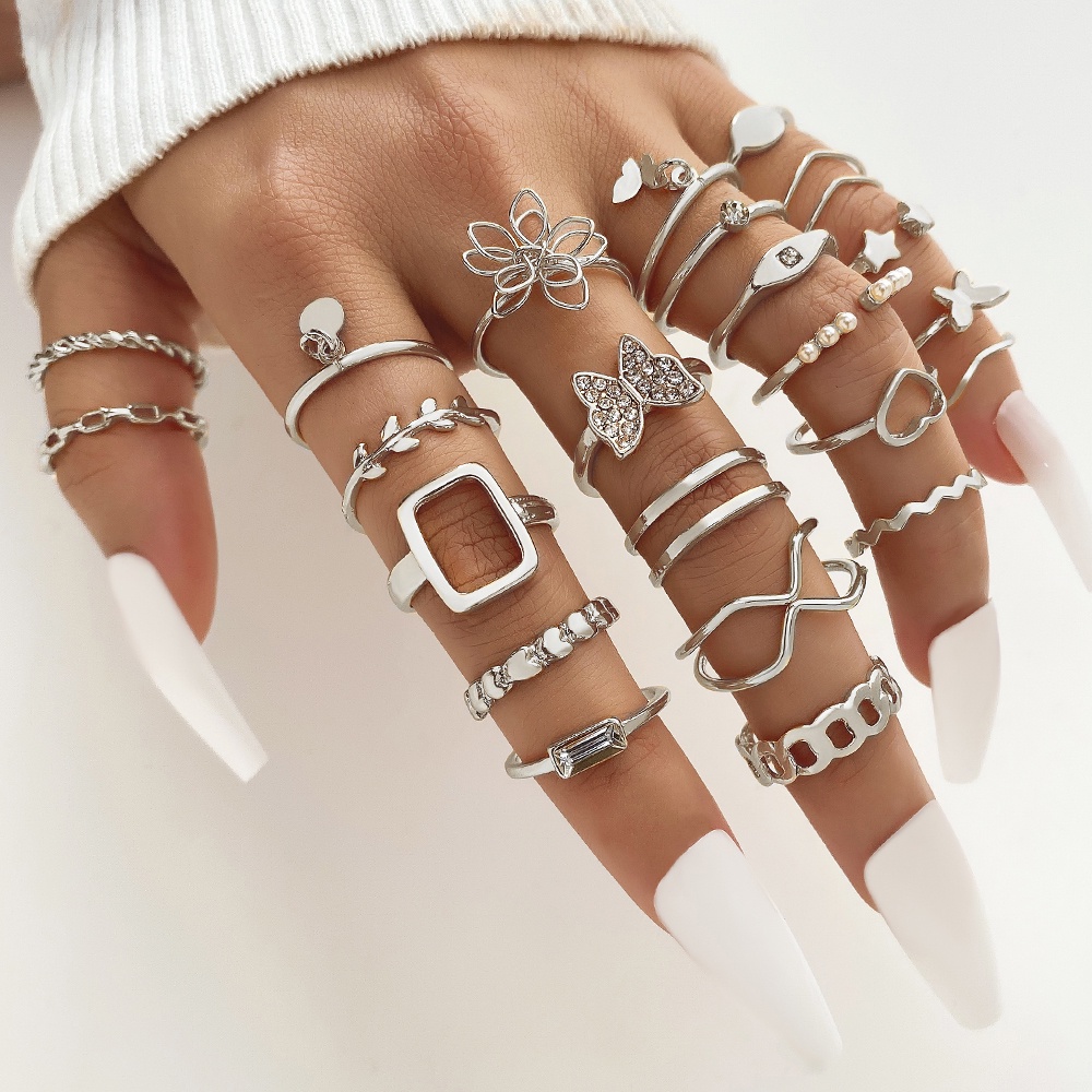 22buah/23set Bunga Berongga Baru Kupu-Kupu Cinta Berputar 8kata Cincin Set Kombinasi Kreatif Bersama Cincin Perempuan Desain Rasa Niche
