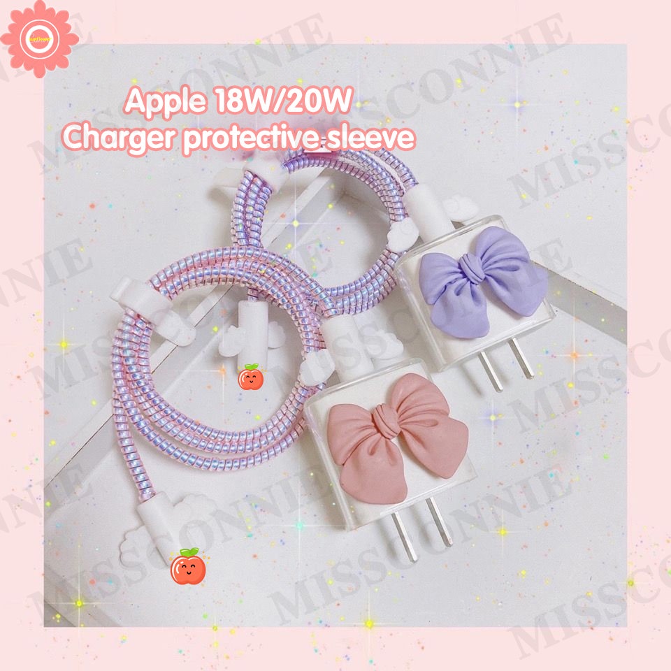 5in1 Set Lengan Kabel Data Pelindung Ikatan Simpul Lucu Pink Ungu Kompatibel Untuk Apple18/20W Adaptor Charger Case Dengan Pelindung Gigitan Kabel Lembut TPU Cover