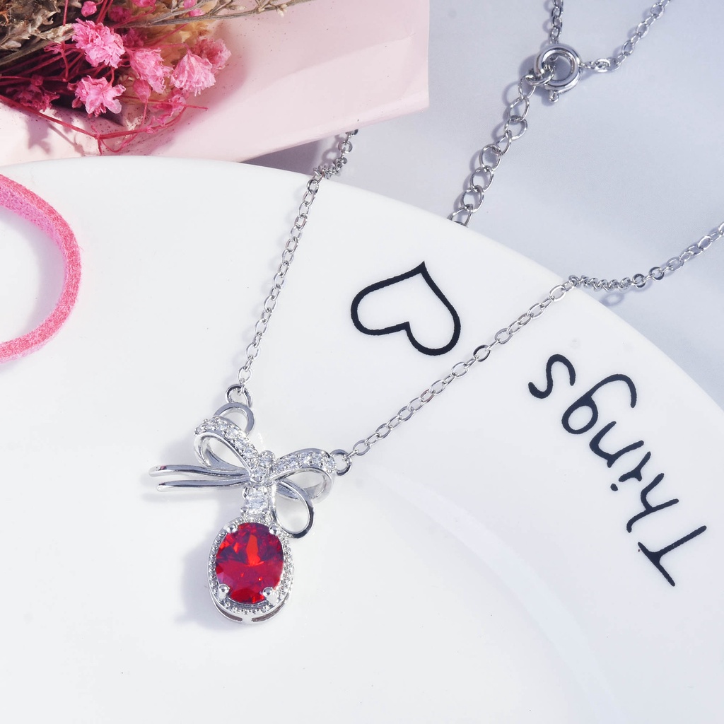 Goldkingdom Fashion Perhiasan Aksesoris Ready Stock Delima Merah Zirkon Busur Kalung Wanita Ins Perak Tulang Selangka Rantai