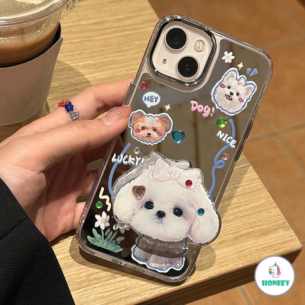 IPHONE Casing Ponsel Cermin Puppy Bunga Lucu Kompatibel Untuk Iphone11 12 13 14 Pro Max Shockproof Handphone Back Cover