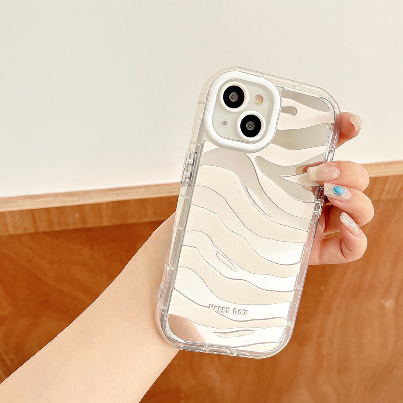 【Ice Cream Mirror】Air Bag Pretty Zebra-stripe Silver Soft Case IPhone 11 12 13 14 Pro Max Women's Gift Cute Phone Case Make Up