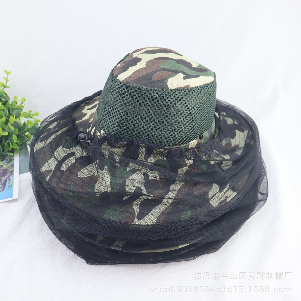 Musim Panas Kamuflase Kerai outdoor Serangga Bukti mesh Masker mesh top Bernapas fisherman hat