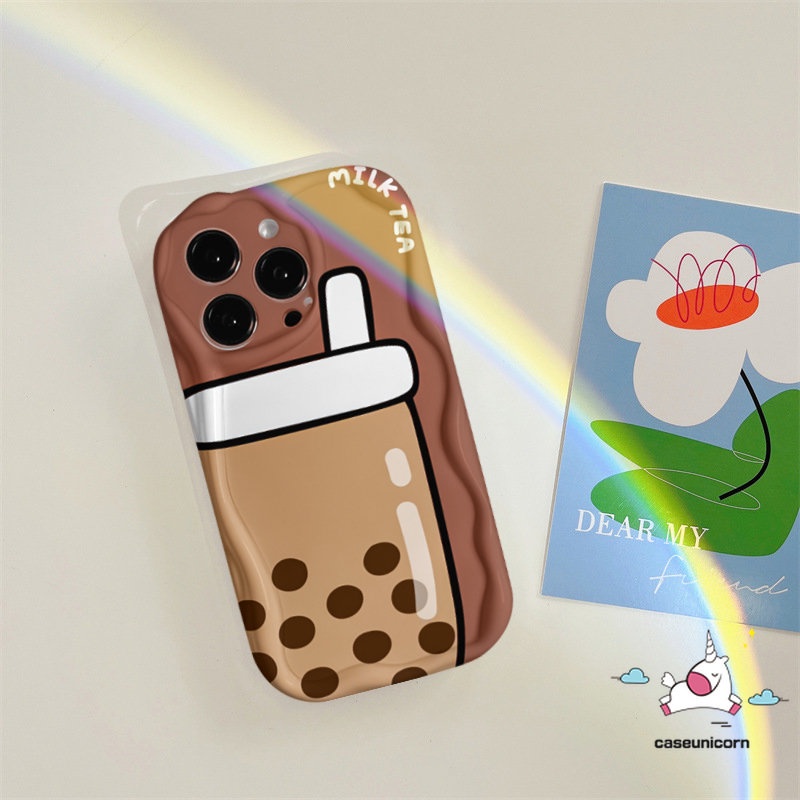 Casing Ponsel Tepi Melengkung Bergelombang Kreatif 3D Kompatibel Untuk iPhone 7Plus 8Plus XR 11 14 13 12 Pro Max6 6s 7 8 Plus X XS Max SE 2020 Lembut Tpu Kartun Teh Susu Smiley Lucu Penutup Belakang