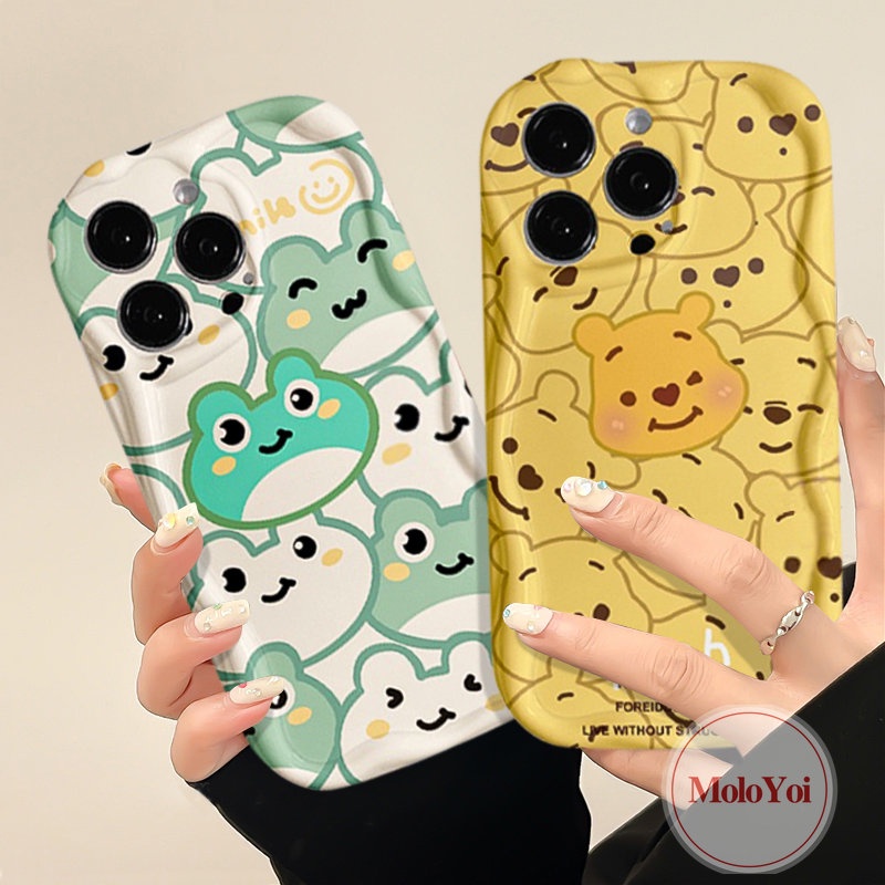 IPHONE Casing Glossy Tepi Melengkung Bergelombang 3D Kompatibel Untuk Iphone6 7 6S 8plus 11 Pro Max12 14 13 Pro MAX XR X XS MAX Cute Winnie the Pooch Kartun Kodok Airbag Pasangan Tahan Guncangan Soft Cover