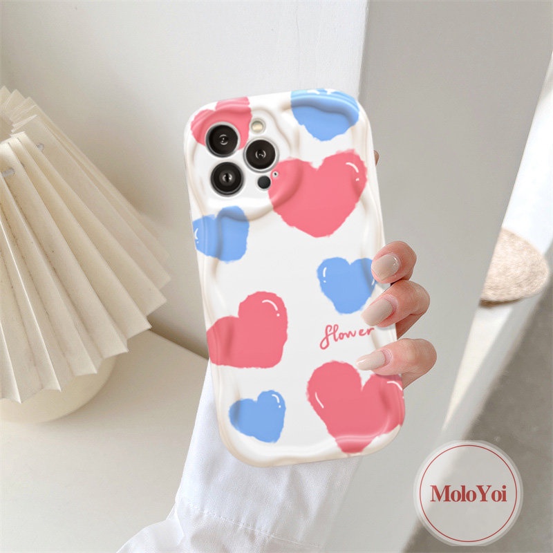 IPHONE Cream Lover Heart Blue Flowers Shockproof Case Kompatibel Untuk Iphone11 12 14 13 Pro Max8 7 6 6s Plus XR XS X Max SE 2020 3D Wavy Curved Edge Soft Tup Cover