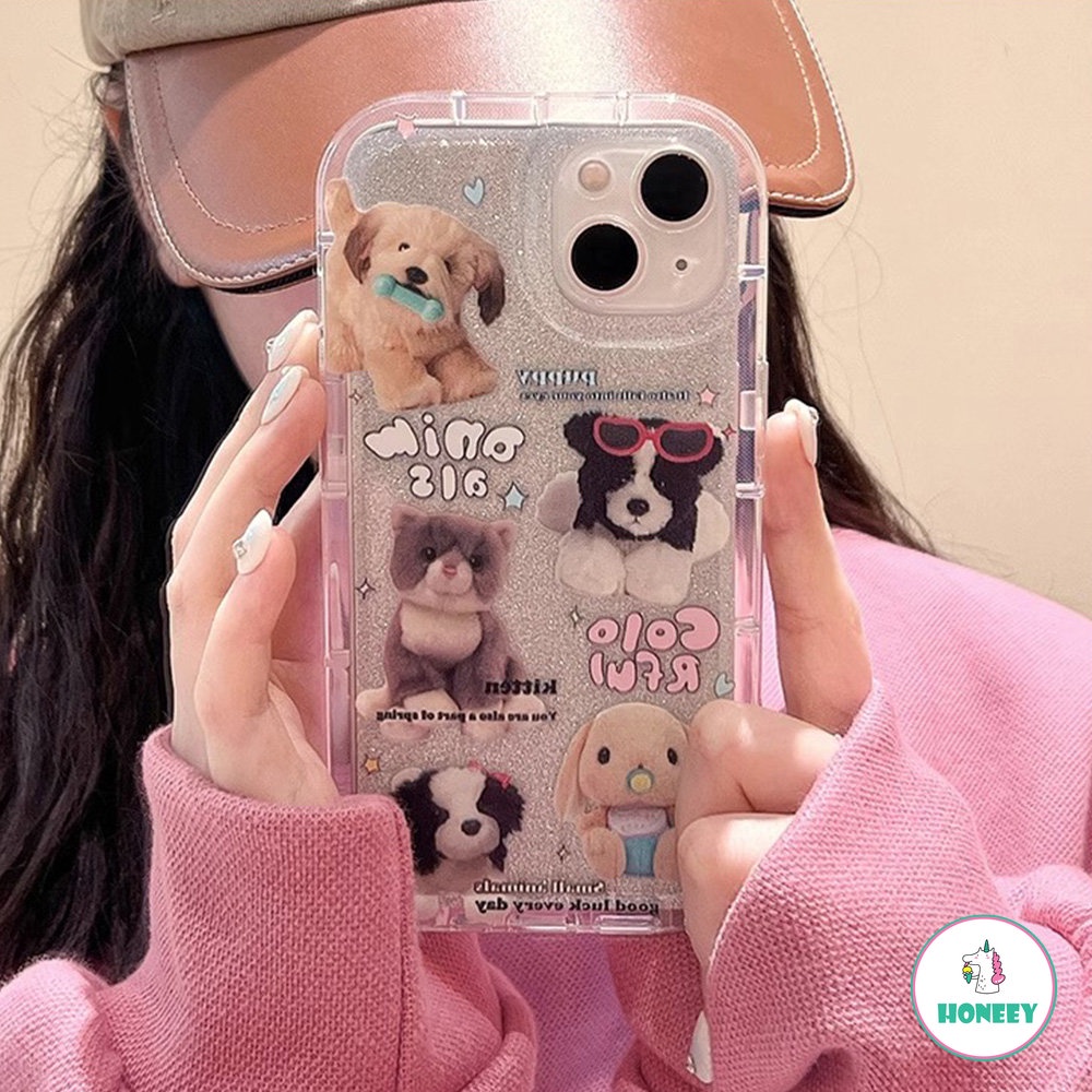 IPHONE Kawaii Plush Puppy Cat Rabbit Doll Casing Ponsel Bening Untuk Iphone14 13 12 11 Pro Max Kartun Lucu Dengan Penutup Ponsel Kartu Glitter