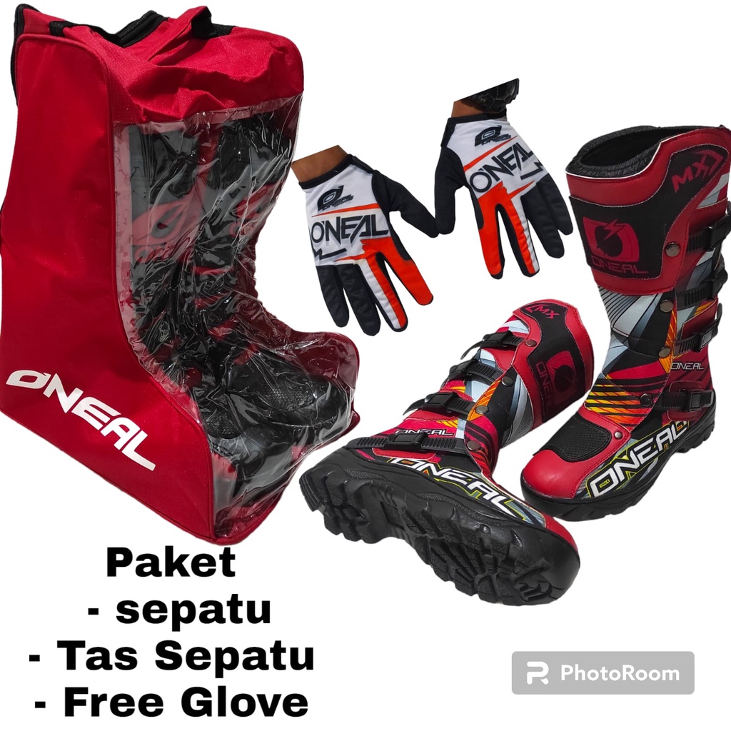 sepatu cross fullprinting plus tas FREE SARUNG TANGAN bots mx trail  red black motor cross gastrack or enduro kualitas premium