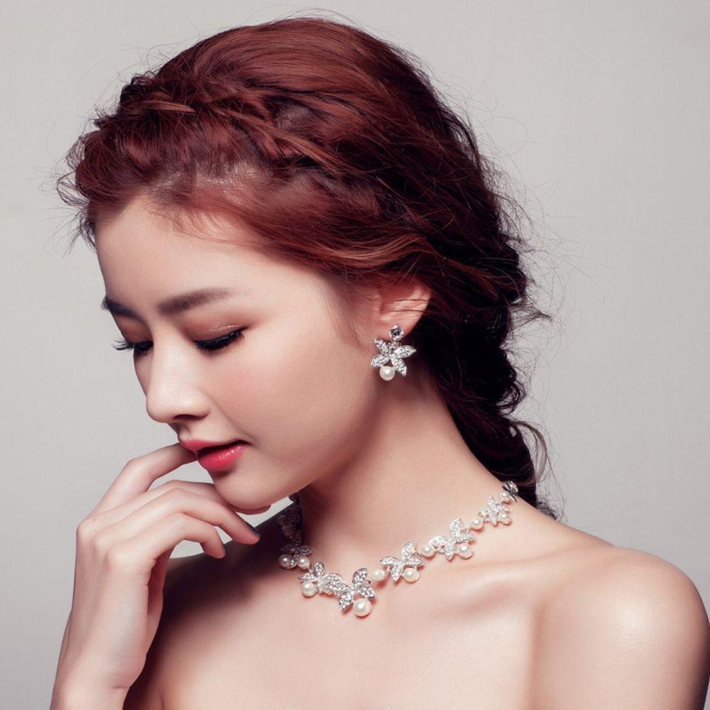 Mxbeauty Set Perhiasan Pernikahan Elegan Perhiasan Hadiah Kalungchain Perhiasan Aksesoris Gaya Korea Choker Bentuk Kupu-Kupu Anting Mutiara