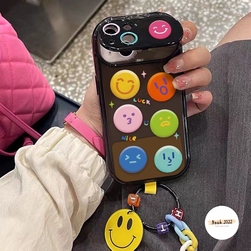 IPHONE Kartun Lucu Smiley Case Dengan Gelang Kompatibel Untuk Iphone11 Pro MAX XR 78 Plus 14 12 13 Pro MAX X XS MAX SE 2020 Kreatif Flip Make Up Cermin Shockproof Soft TPU Case