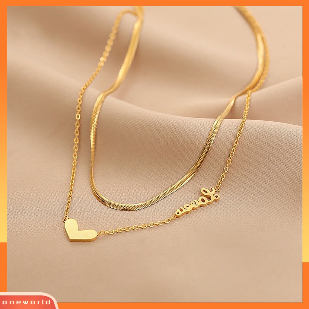 [ONE] Liontin Hati Wanita Kalung Lapisan Ganda Stainless Steel Surat Cinta Adjustable Choker Necklace Perhiasan Aksesori