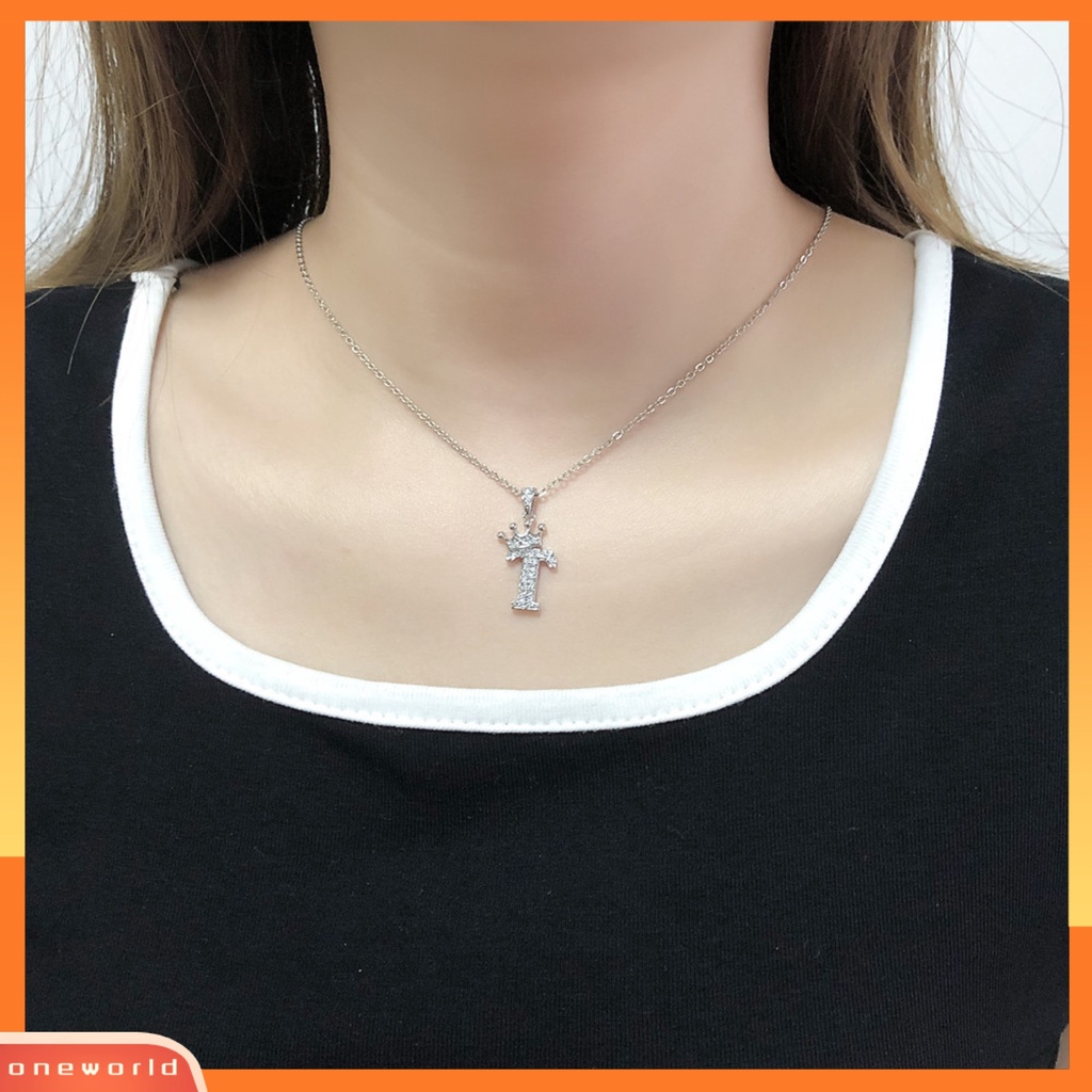 [ONE] Liontin Kalung Mahkota26Huruf Perhiasan Berkilau Cubic Zirconia Choker Necklace Hadiah Ulang Tahun