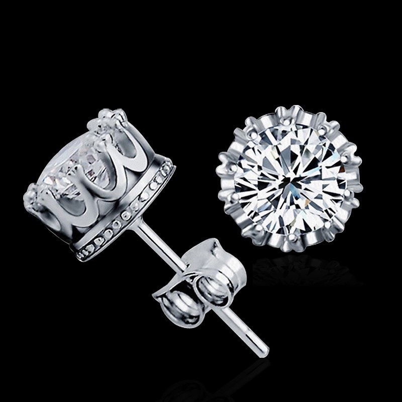 Mornin Wanita Sliver Disepuh Fashion Perhiasan 8MM Bulat Cubic Zirconia Perak Stud Earring id