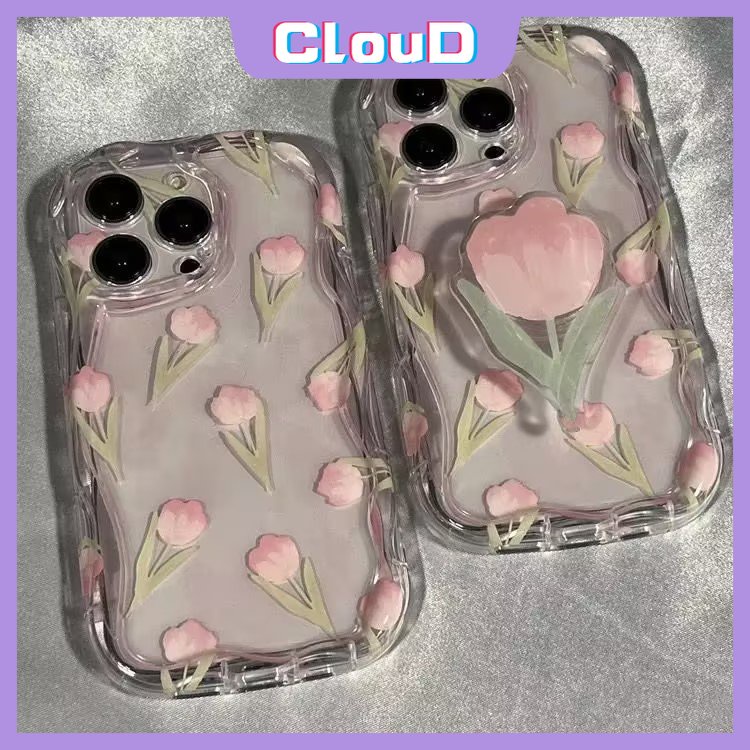 Untuk Samsung A14 A12 A30 A04 A24 A32 A51 A11 A23 A50s A31 A30s A03s A13 A04s A20s A52s A52 A03 A20 A50 A10s A21s 3D Tepi Melengkung Bergelombang Fresh Flowers Tulip Phone Stand Bracket Case