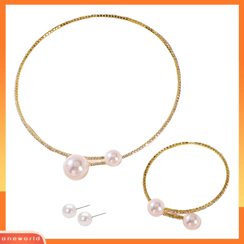 [ONE] 1set Perhiasan Wanita Set Mutiara Imitasi Dipoles Warna Kontras Pembukaan Berlian Imitasi Tubuh Dekorasi Adjustable Ear Stud Klavikula Kalung Perhiasan Set Wanita Perhiasan