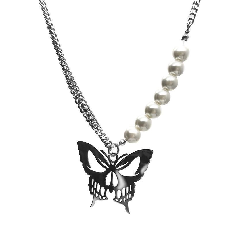 Ins Butterfly Pearl Necklace Eropa Amerika Retro Gaya Yang Sama 90s Gadis Keren Butterfly Rantai Klavikula