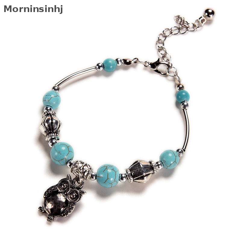 Mornin 1pcs Wanita Vintage Charm Perhiasan Perak Pld Owl Turquoise Gelang Bangle id