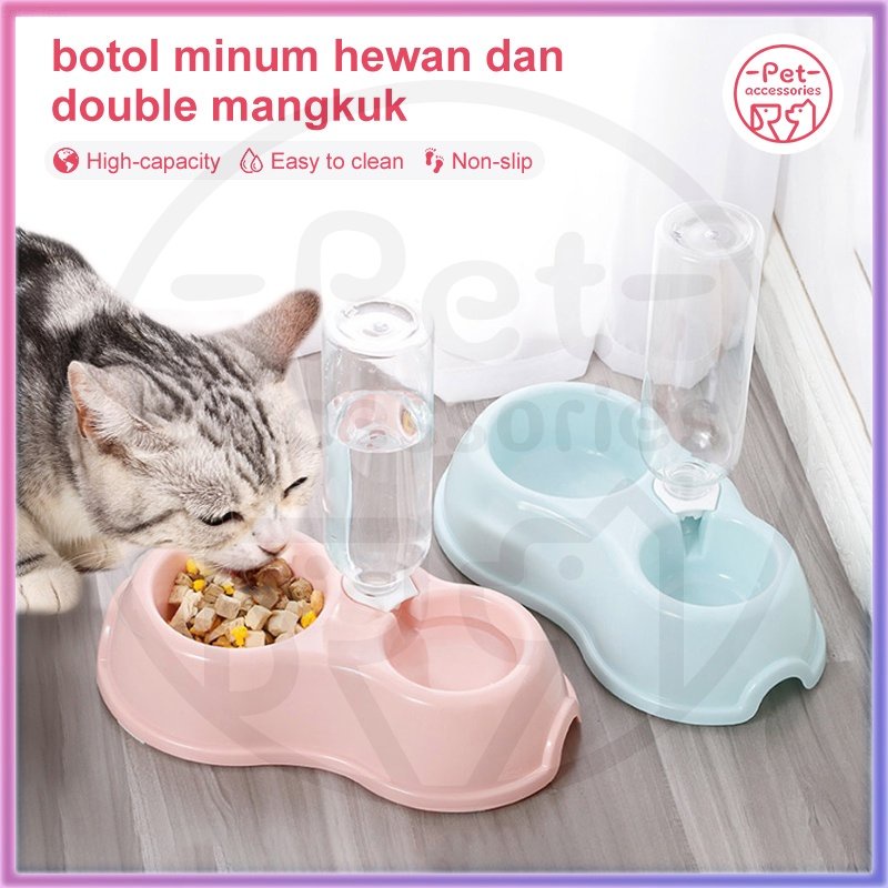 mangkuk double hewan peliharaan berserta botol minum anti licin anti semut 2 in 1 kotak makanan kucing anjing aksesoris hewan peliharaan