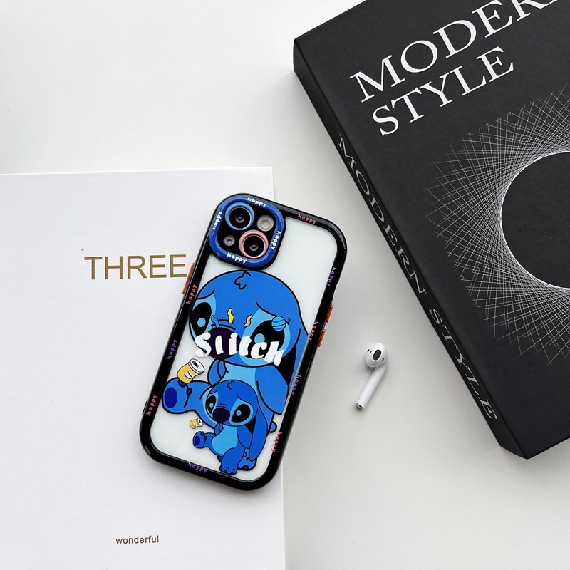 All New Cream Non-slip Camera Protect Soft Case IPhone X XR XS Max 11 12 13 14 Pro Max Women Girl Pretty Cute Blue STITCH Cartoon Phone Case