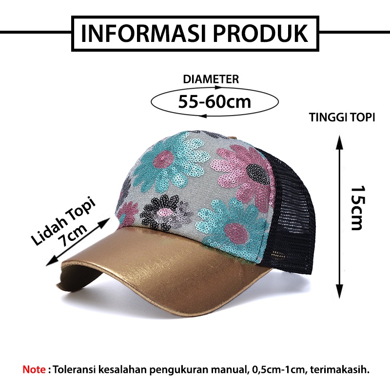 Topi Baseball Pria Wanita Motif Bunga Manik Sequin Trucker Hat Gaya Casual Kualitas Import BSBO