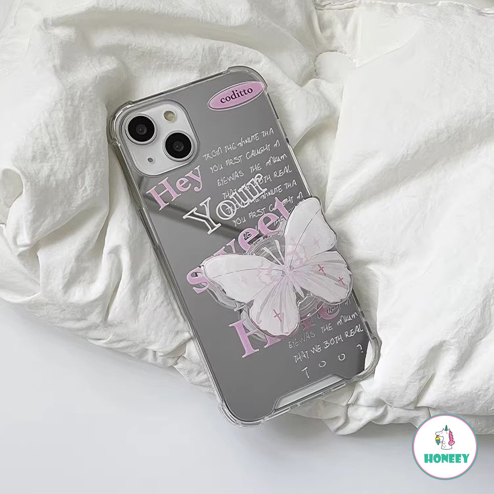 Ins Pink English Mirror Phone Case Untuk iPhone 14 Pro Max11 12 13 Pro Max XS XR 8 7plus Butterfly Stand Anti-Shock Back Cover