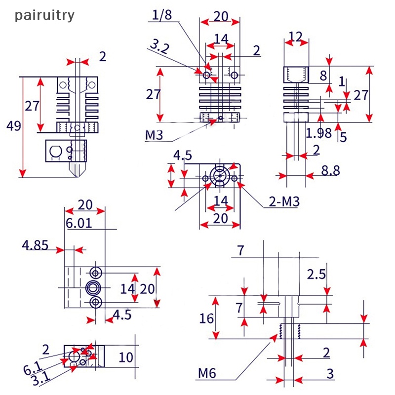 Prt 1Pc All Metal Hotend - Penahan Panas Titanium, Nozzle.4Mm, Pneumatic Coupler PRT