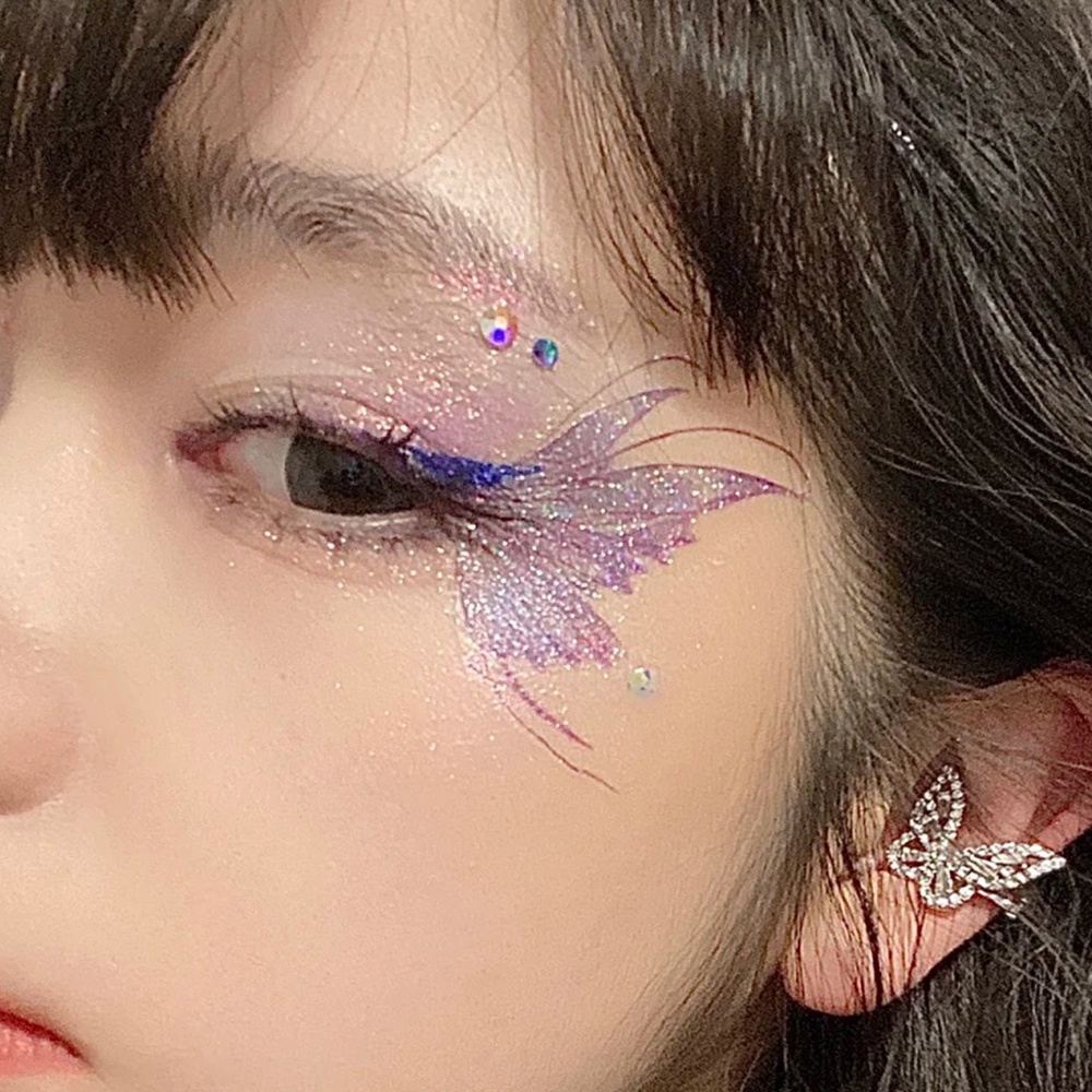 [Harga Grosir] 1lembar Wanita Mori Face Glitter Butterfly Temporary Tattoo Stiker/Cewek Tahan Air Butterfly Bunga Dada, Bahu, Tubuh Seni Palsu Tato Sticker