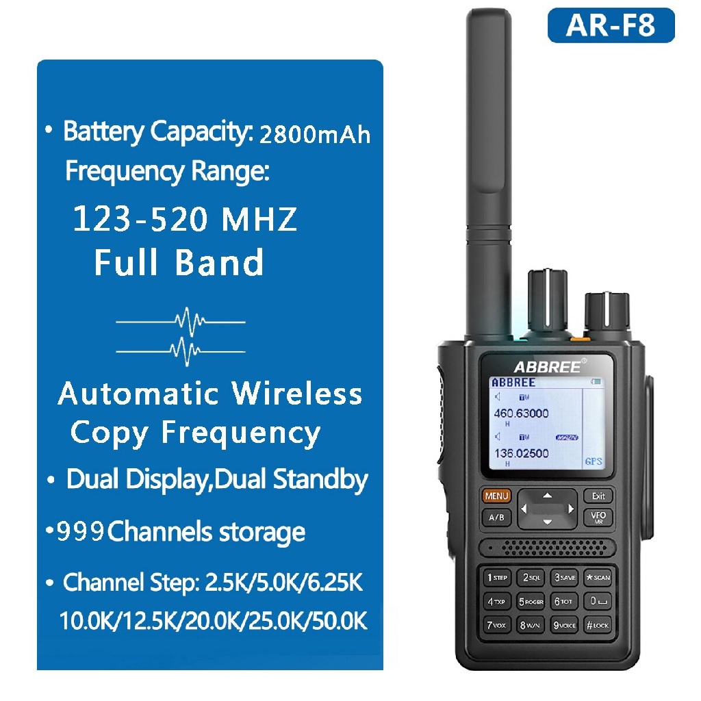 ABBREE AR-F8 - Walkie Talkie 8W Power 6-Band 136-520MHz - GPS Function