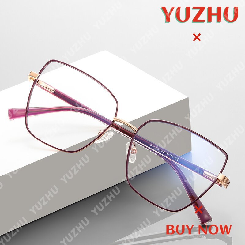 (YUZHU) Logam Bingkai Persegi Kacamata Anti Cahaya Biru Mode Barat Cat Eye Open Optical Eyeglasses Untuk Wanita