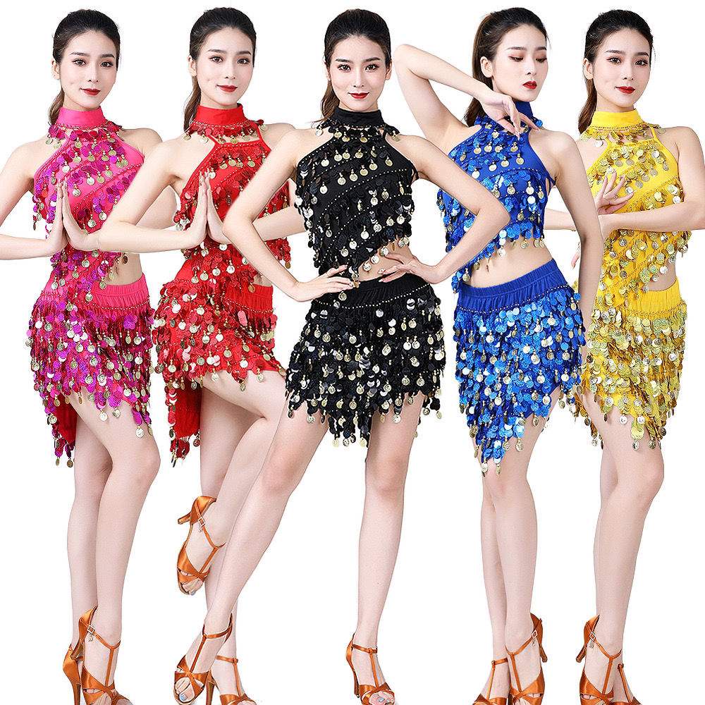Dansa perut baru Kostum Sequins Dansa Kostum Latin Skirt Performance Kostum Set Tassel Stage Perform