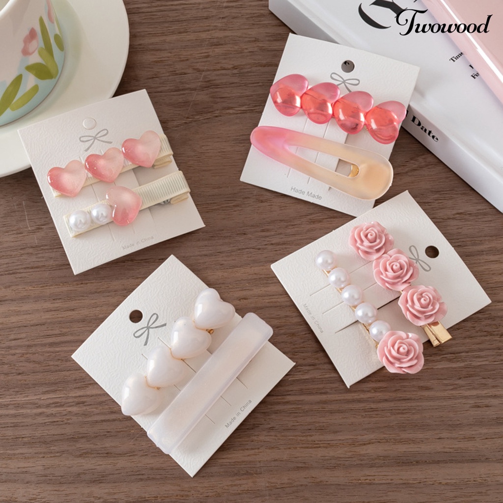 Twowood 1pasang Wanita Jepit Rambut Bentuk Hati Mawar Transparan Warna Gradasi Anti-slip Hiasan Rambut Siswa Ringan Poni Hairclips Aksesoris Rambut