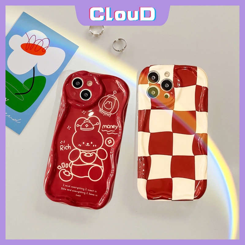 Cover Glossy Tepi Melengkung Bergelombang 3D Untuk Redmi 9C NFC 10C 10A A1 10 9A 9T A2 9 POCO M3 Redmi Note 11 9 11s Pro Max 8 10s 12 10 Motif Kartun Merah Kotak-Kotak Tahun Baru Kaya Lucu Kelinci Case