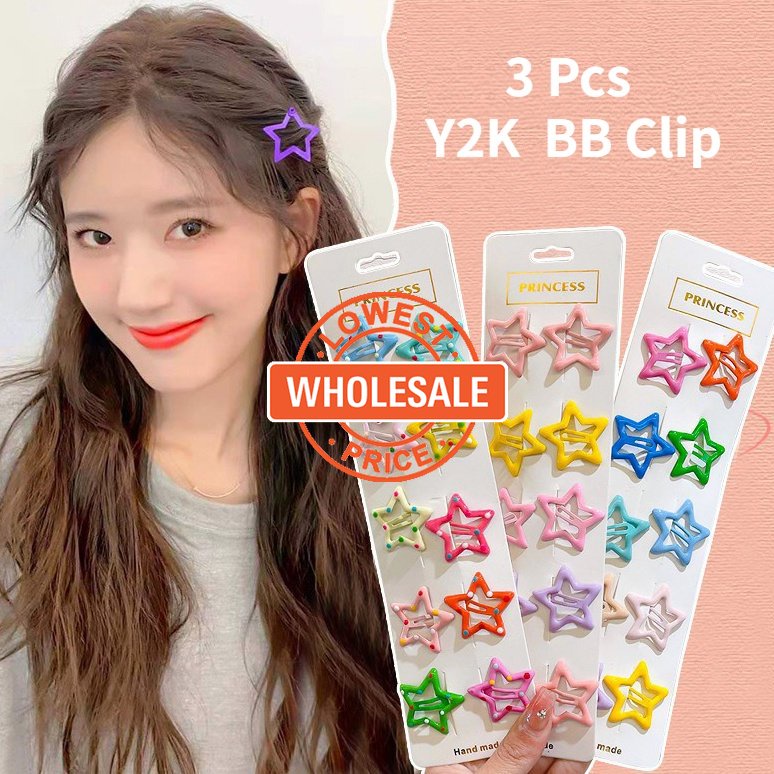 [Harga Grosir] 3pcs Klip Sisi Perempuan Gaya Korea Y2K Gadis Manis Keren Klip BB Lucu Klip Tanpa Jejak Musim Panas Gadis Jepit Rambut Warna-Warni Bintang Jepit Aksesoris Rambut Alat Styling