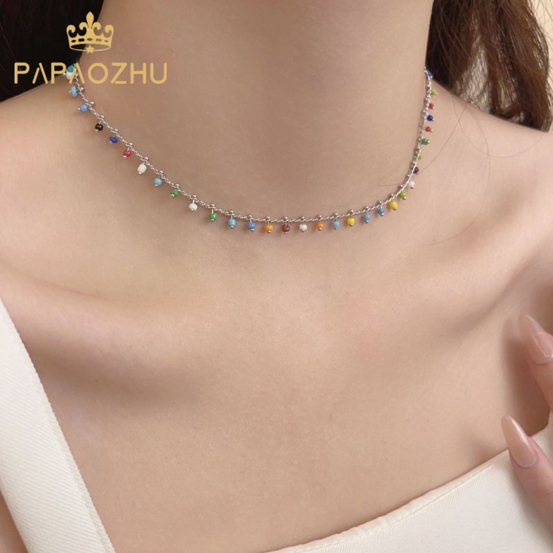 Papaozhu Bohemia Warna-Warni Akrilik Manik-Manik Choker Pendek Kalung Untuk Wanita Perempuan Elegan Pelangi Manik-Manik Rantai Kalung Trendi Rumbai Tulang Selangka Rantai Perhiasan Hadiah