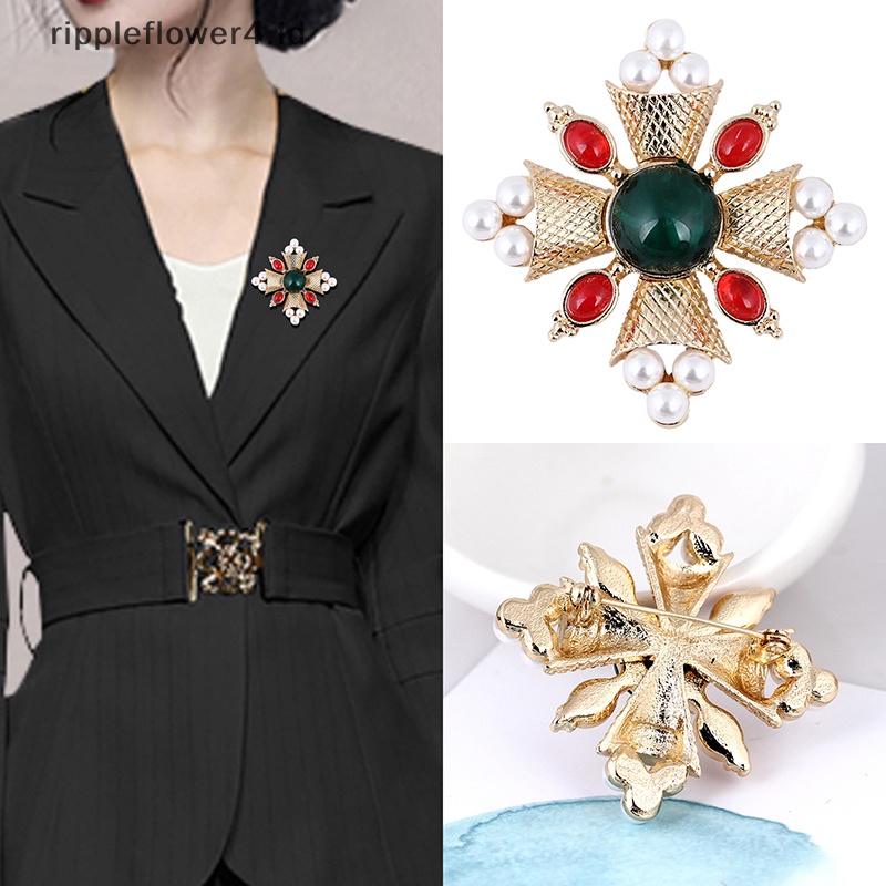 {rippleflower4.id} Fashion Mutiara Salib Bros Pin Untuk Wanita Mantel Aksesoris Vintage Perhiasan Hadiah~